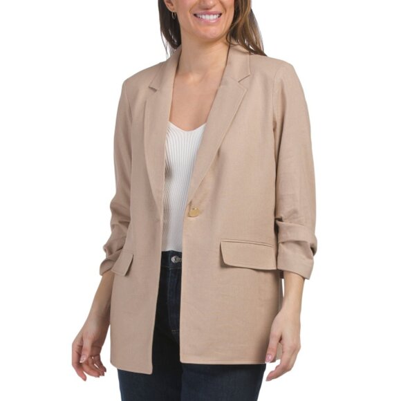 ANNE KLEIN latte Linen Blend Notch Collar Jacket - Picture 1 of 2